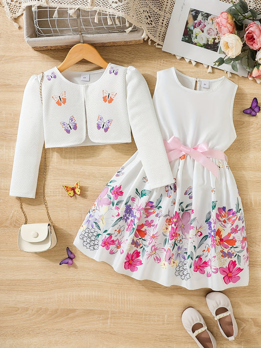 [Cute | Casual] 2pcs Cute Little Girl Butterfly Dresses | Floral Tank Dress And Graphic Cardigan Top Set | for Casual Look, Kids Clothing Gift