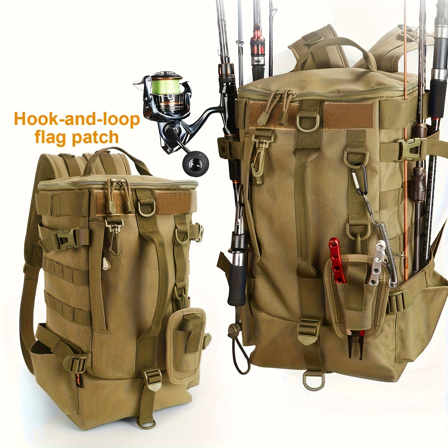 Heavy-Duty Nylon/Polyester Fishing Backpack with Rod Holder & Multiple Zippered Compartments - Large Capacity Tackle Organizer, Padded Back Panel & Side Pockets for Freshwater/Saltwater Fishing, Camping, Hunting Gear - Durabl