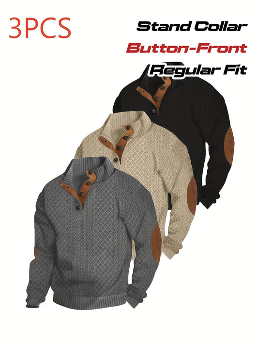 3pcs Set Men's Vintage Sweater Bundle with Stand Collar Button Front & Elbow Patches - Multi-Color Options (Black/White/Brown/Navy/ Red/Grey) - Textured Warm Winter Sweaters for Casual, Office, Layering - Regular Fit Long Sle