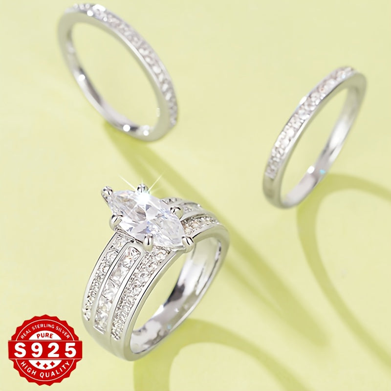 [Luxury Marquise Ring Set] Luxury S925 Silver Marquise Art Design Three-Piece Set Of Rings | Fashion Creative Engagement Wedding, Dating Party, Birthday, Valentine's Day, Holiday Gifts - Exquisite Elegant Light Luxury Daily W