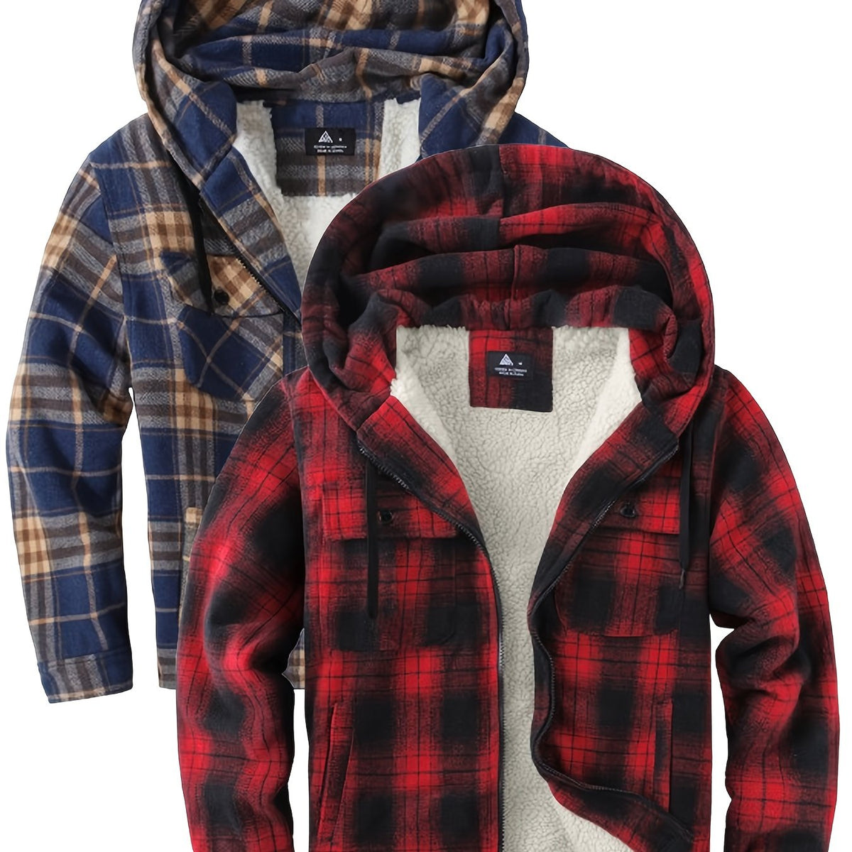 2pcs Men's Heavy Duty Sweater Hooded Jacket - Fully Zipped Thick Snow Mountain Lined Flannel Plaid Shirt with Pockets, Casual Style, Perfect for Fall And Winter, Hooded Collar, Regular Fit, Plaid Pattern, Men's Jacket, Cold W