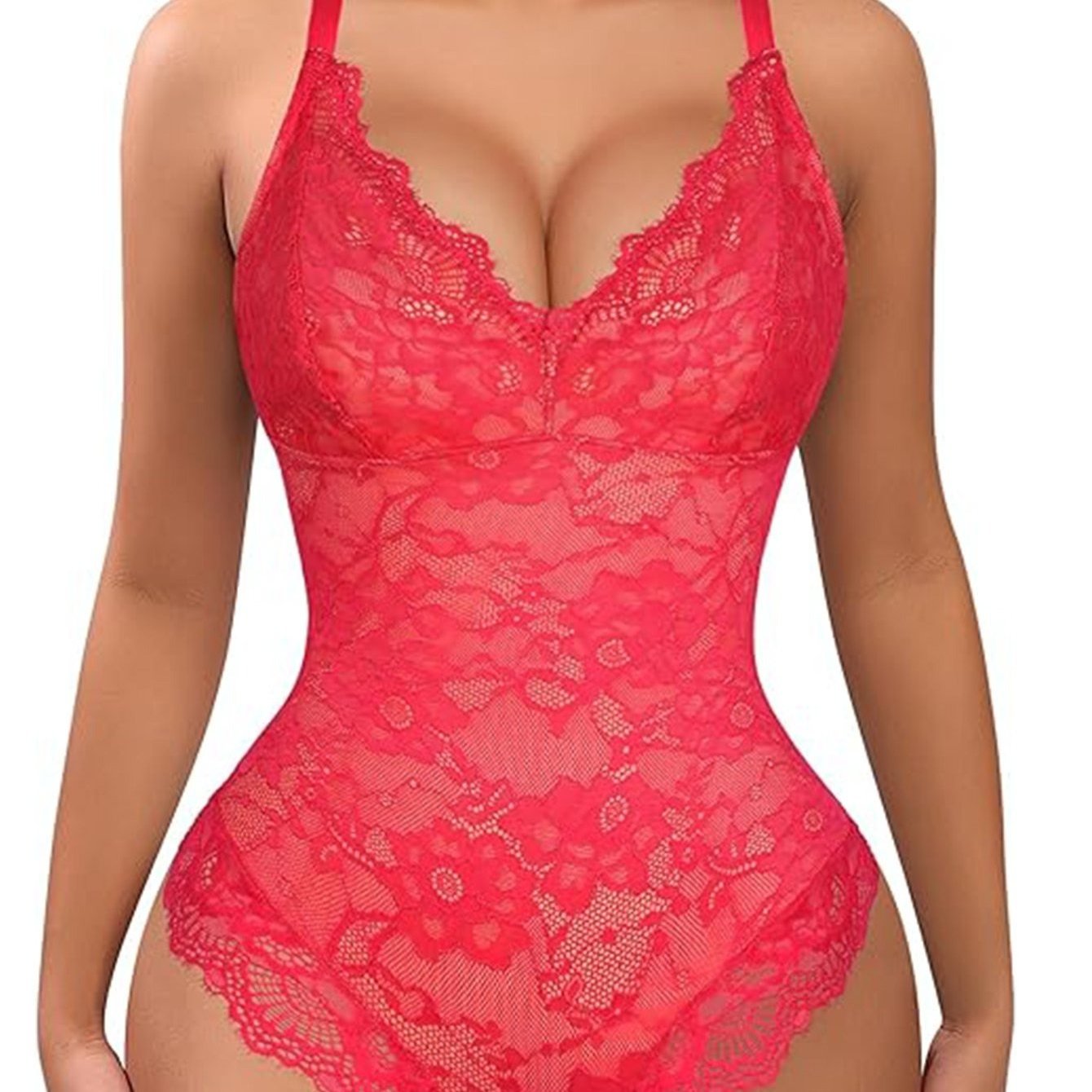 FeelinGirl Shapewear Bodysuits for Women Lace Shapewear Tummy Control V-Neck Sleeveless Bodysuit Tops Jumpsuit