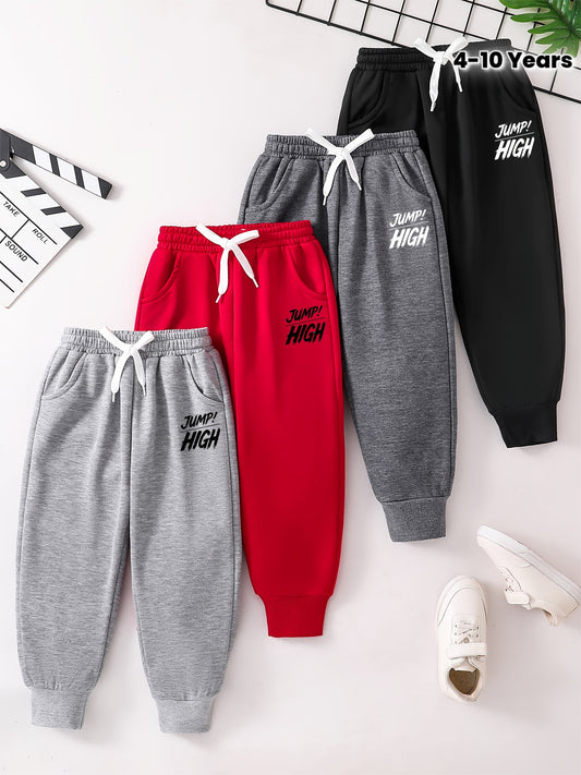 4pcs Boys' Thermal Long Pants Set - High Quality & Machine Washable 100% Polyester School Pants with Elastic Waist & Pockets, Warm Winter Trousers for 4-10 Years (Light Gray, Red, Dark Gray, Black) - Casual Athletic Wear for