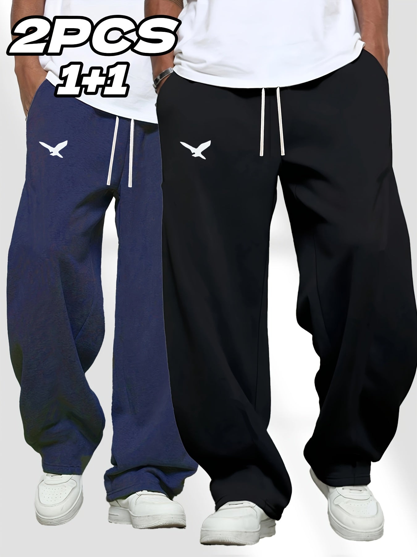 [Eagle Print | Sports Pants] 2pcs Men's Eagle Print Sports Pants | Casual, Adjustable Drawstring, Straight Leg, Trendy Gift for Father or Husband