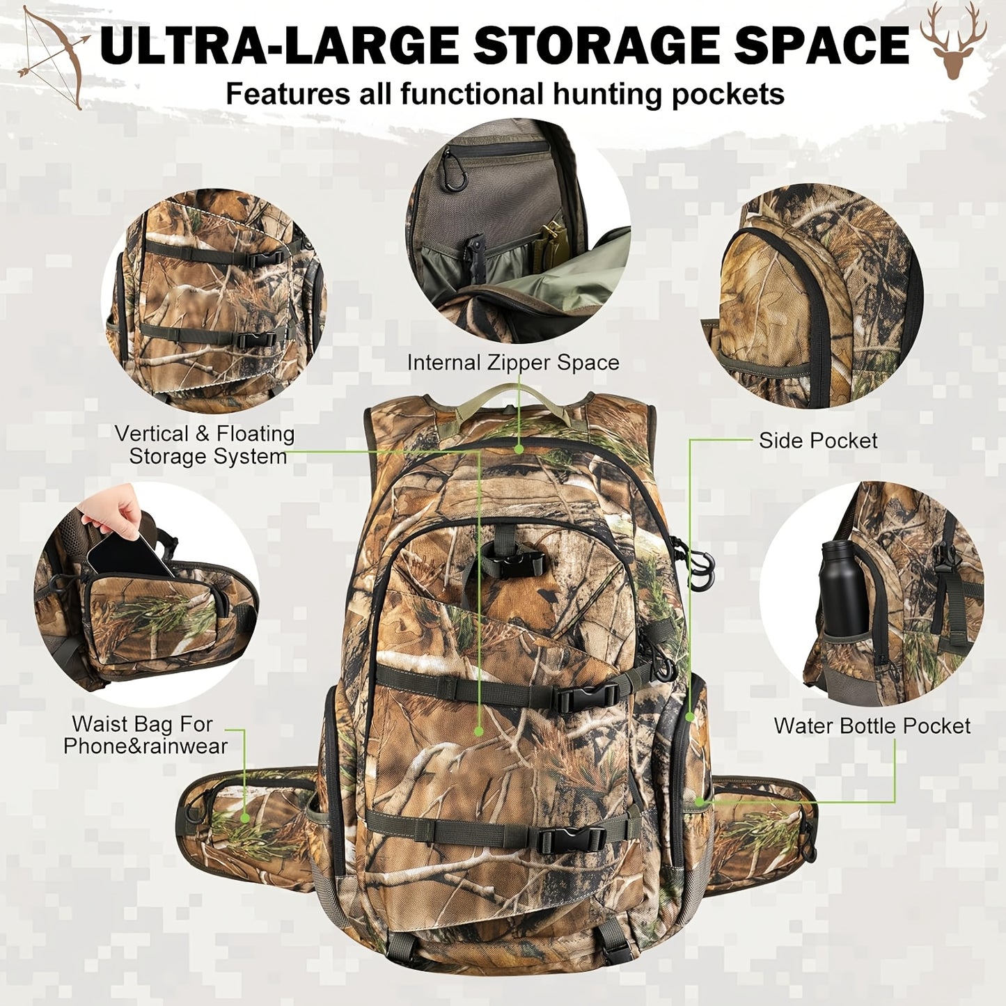 11.89gal Backpack with Rain Cover & Scabbard | Keep Your Deer Hunting Essentials Secure, Brown Polyester, Zipper Closure | Great Gift for Outdoor Men