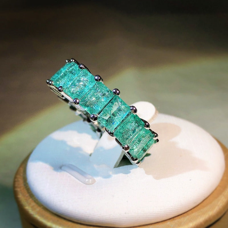 Full-circle Synthetic Paraiba Ring for Women, Princess-cut Stone, Suitable for Gatherings, Parties and Daily Wear