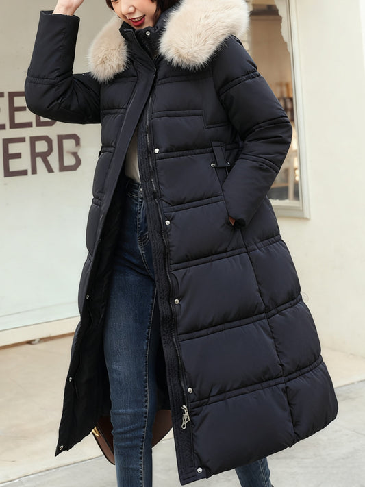 Women's Long Over-Knee Jacket with Large Fur Collar & Hood, 2025 Winter Belted Coat, Cold-Weather for Winter and Parties, White Outer, Luxury Outerwear, Hand Wash/Dry Clean