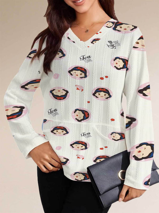Women's Disney Snow White & Seven Dwarfs Limited Edition Varsity Jacket-like Sweater - High-Stretch V-Neck Winter Warmth with Iconic Snow White & Dwarfs Print, Practical Pockets - Casual Gym Wear & Themed Outfits ( Sizes) - O