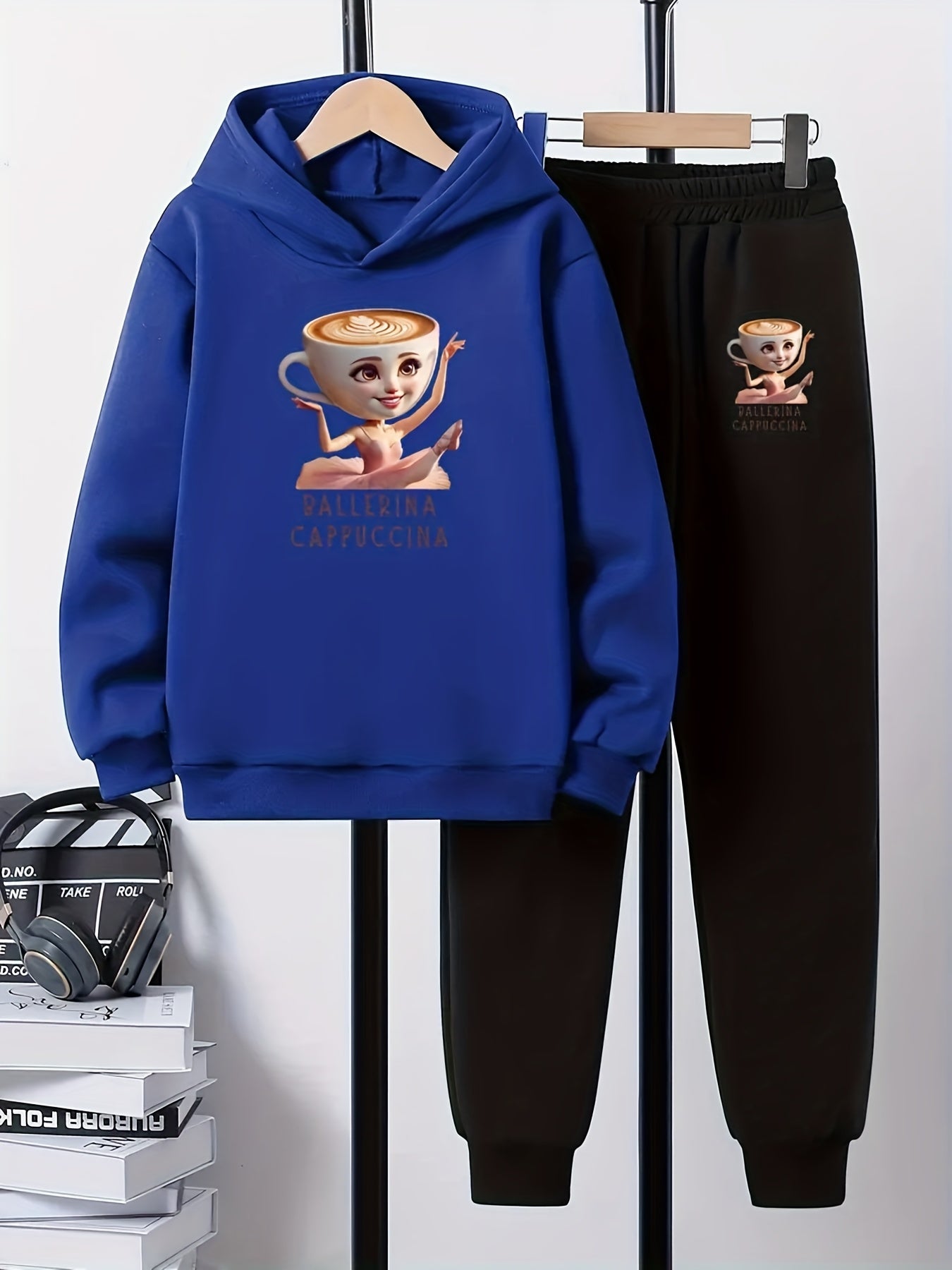 2pcs Boys' Italian Brainrot Cappuccino Ballerina Pattern Hoodie and Jogger Set - Comfortable Loose Fit Sweatshirt with Matching Printed Ballet Dancer Pants, Machine Washable Autumn/Winter Casual Wear, Suitable for School and