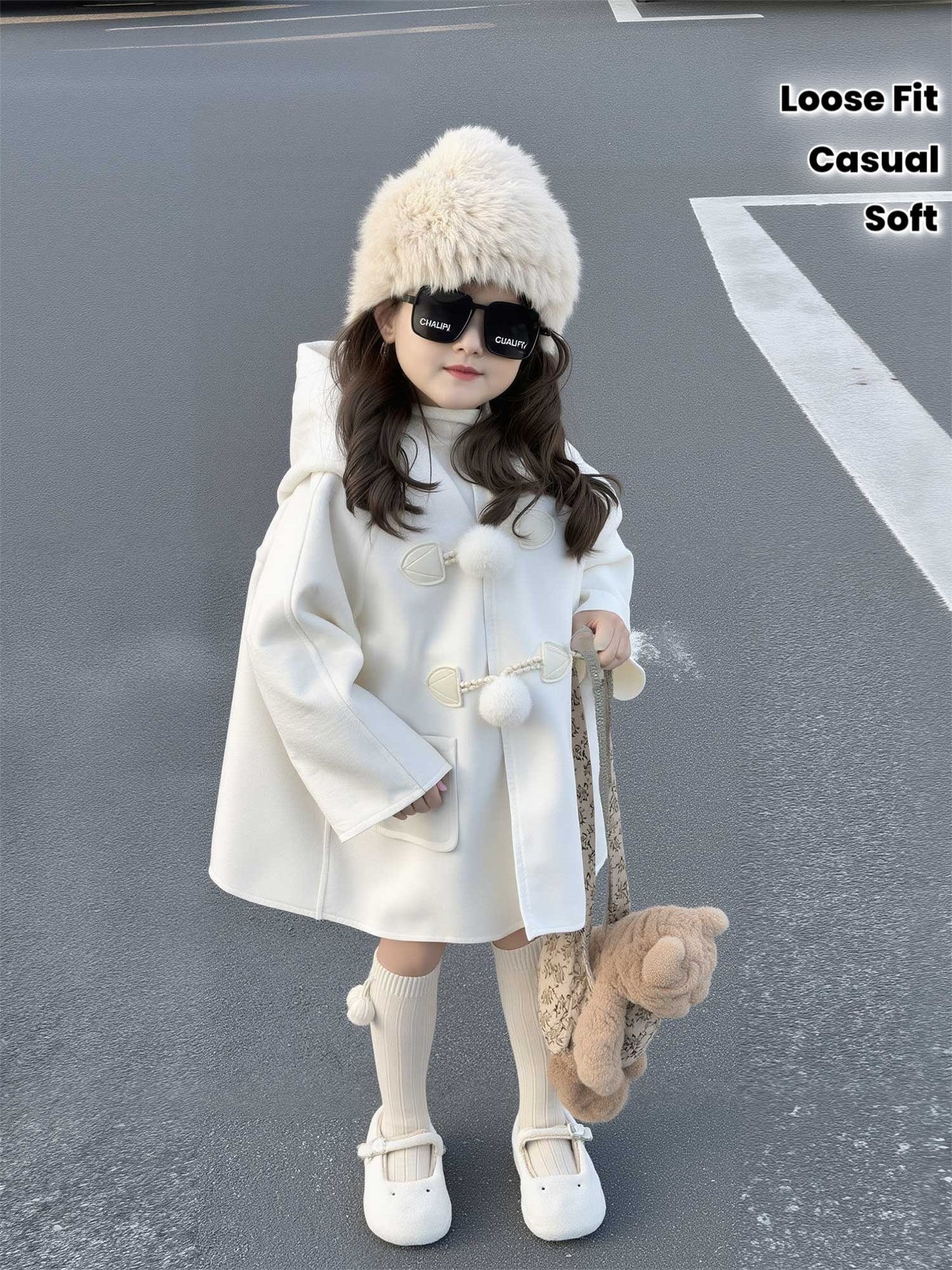 Girls' White Fleece Coat with Hood & Soft Pom-Poms - Double-Sided Winter Warmth, Loose Fit Long Sleeve Jacket with Toggle Button Closure, Cozy Insulation for & Young ( to Early Childhood) - Casual Outerwear for Everyday & Spe