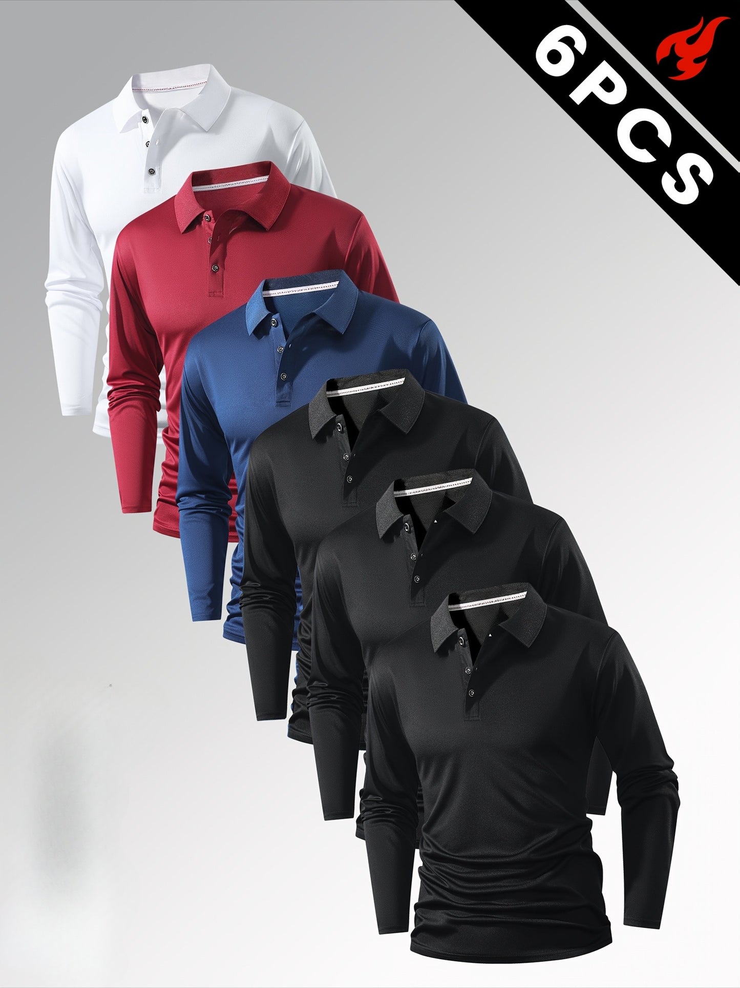Six-piece Men's long-sleeve polos, featuring solid designs with versatile combinations suitable for various styles. Ideal for travel, business, golf, suburban outings, and sporty casual wear. Fashion-forward and easy to pair,