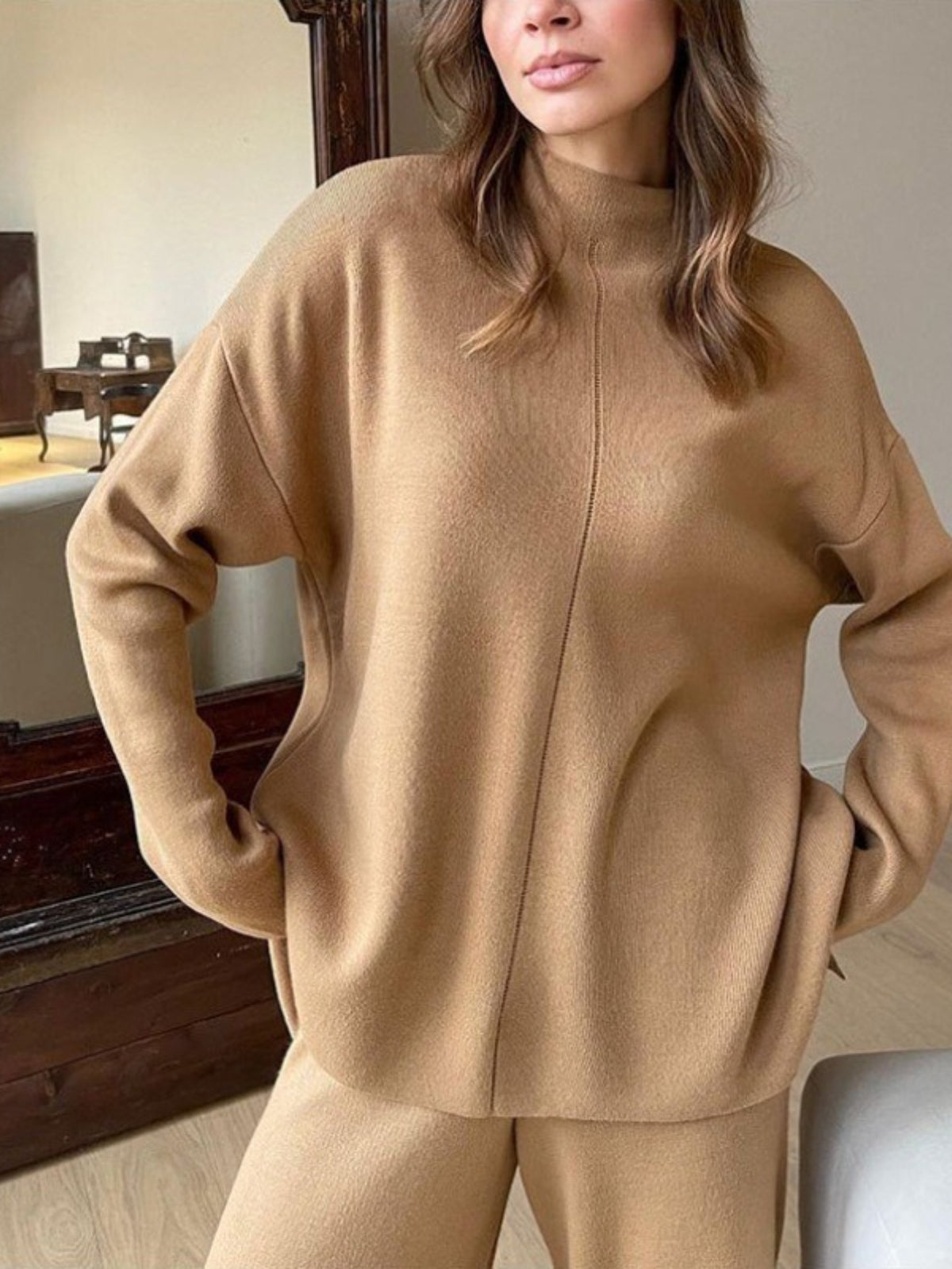 Women'S Elegant Half-Turtleneck Sweater & Pants Two-Piece Set - Oversized Loose-Fit H-Line Silhouette, Soft Stretch Sweater with Asymmetrical Neckline & 3/4 Sleeve, Solid Color Winter Warmth, Casual to Semi-Formal Outfits (Be