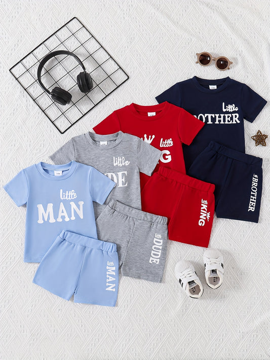 [8pcs Baby Boys Shorts] A Set of 8pcs for Baby Boys Featuring Summer Sports Shorts, Solid Color with Letter Prints on Short Sleeves And Shorts, Perfect for Outdoor Activities, Casual Days, Or As a Gift
