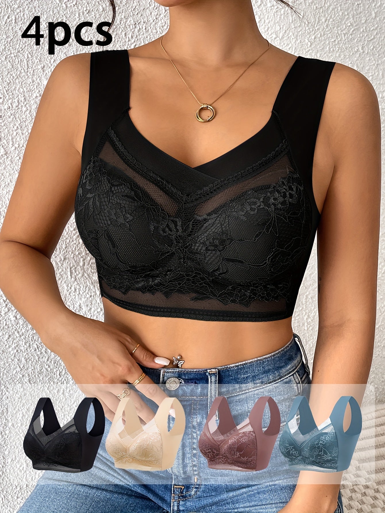 [4pcs Lace Bra] 4pcs Mixed Color Women's Lace Underwear | Daily Bra, No Steel Ring