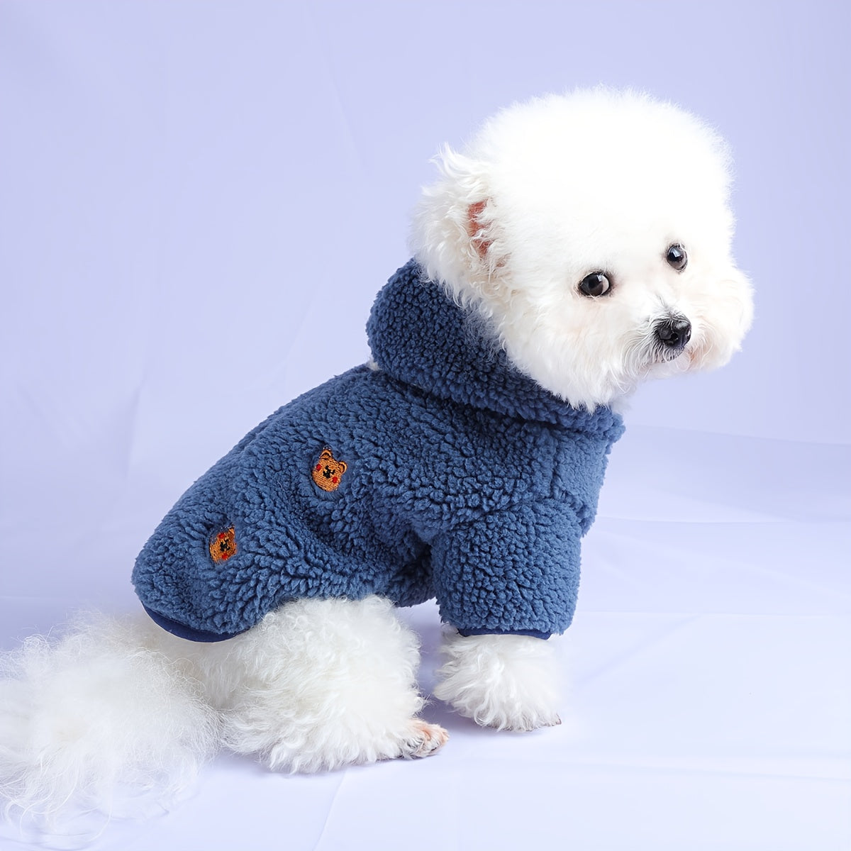 Soft Knitted Puppy Sweater with Fluffy Pom-Pom Hat - Winter Warm Dog Coat for Small Breeds, Snap Button & Zipper Closure, Cozy Blue Floral Design, Durable & Comfortable for Pomeranian, Chihuahua, Shih Tzu - Ideal for Photosho