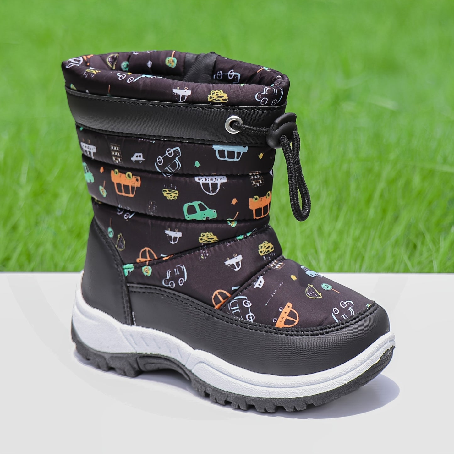 DACLAY Girls' & Boys' Snow Boots - High-Top Winter Warm Jacket-Like, Slip-On/Ratchet Closure, Rubber Sole Traction, All-Terrain Vehicle (ATV) & Car-Themed Snow Booties for, Cold Weather Outdoor Shoes