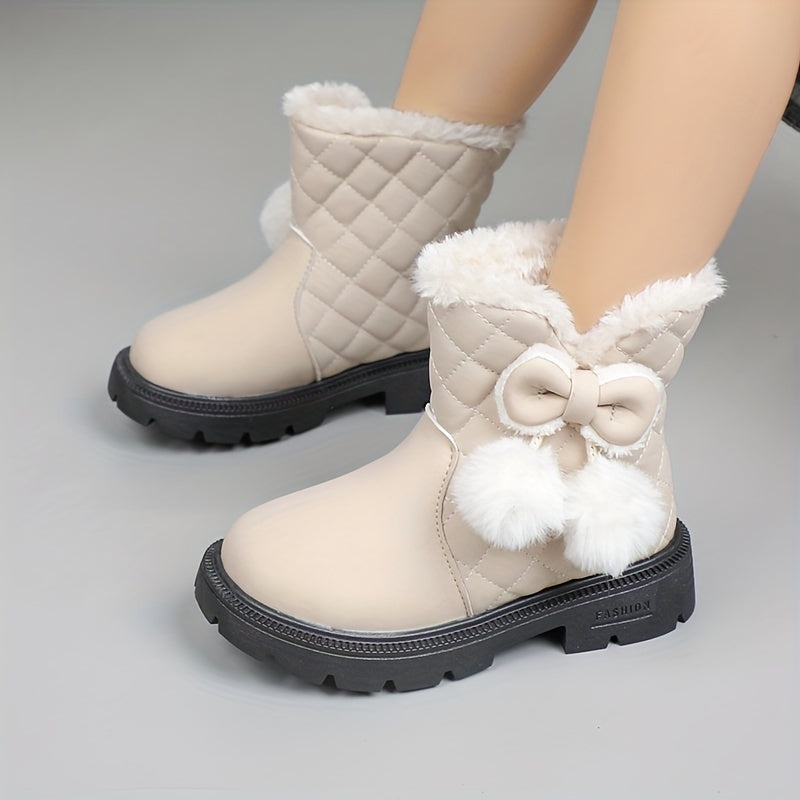 Girls' Winter Boots - Slip-On Mid-Calf Snow Boots with Plush Lining, Non-Slip Rubber Sole - Cute / Brown/ - Warm Winter Shoes for School, Playdates, Thick, Winter Boots For Girls, School Footwear, Playdate Footwear, Durable F
