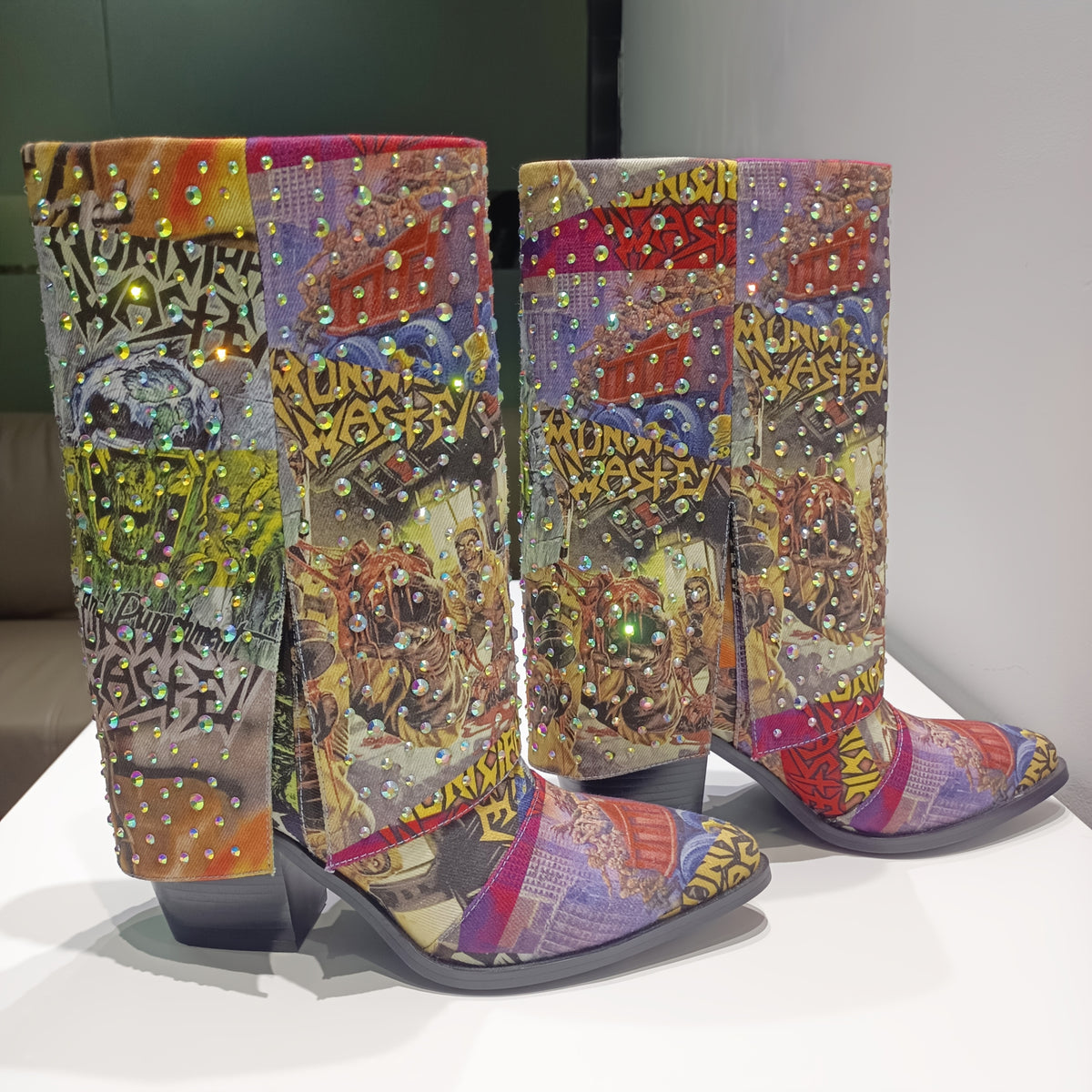 One - Of - A - Kind! Punk Western Cowboy Boots With Rhinestones & Random Graffiti Mix | Denim Fabric, Sturdy Sole, Comfy Insole | For Concerts, Festivals, Shopping & Parties, All - Season