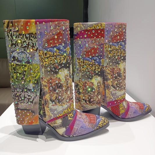 One - Of - A - Kind! Punk Western Cowboy Boots With Rhinestones & Random Graffiti Mix | Denim Fabric, Sturdy Sole, Comfy Insole | For Concerts, Festivals, Shopping & Parties, All - Season