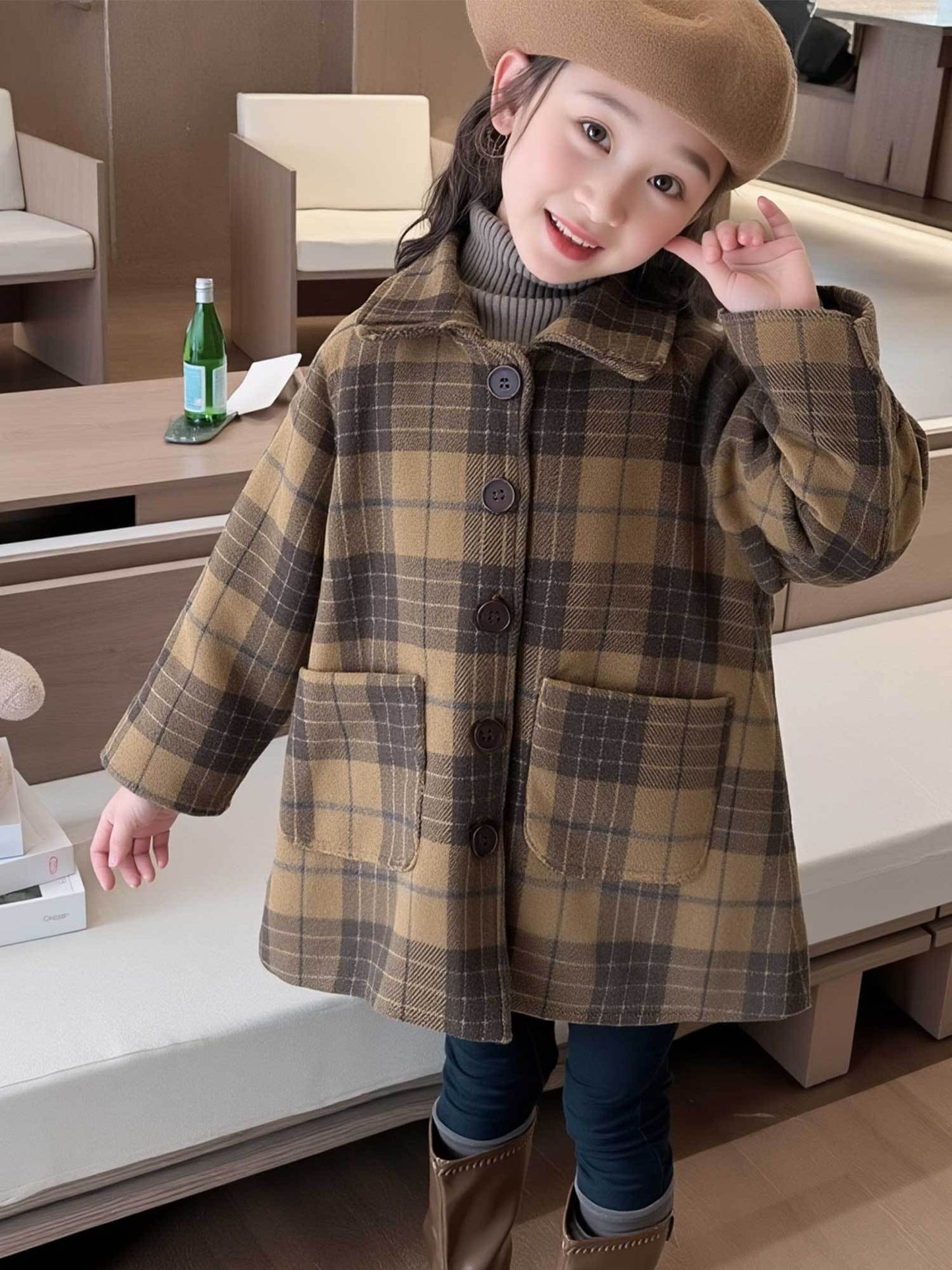 Girls' British Academy Tartan Fleece-Like Coat - Soft Warm Lapel Jacket with Houndstooth-like Plaid (Brown/Beige), Loose-Fit Long Sleeve Button Front Closure, Machine Washable & Casual Outerwear for Older Kids (No Belt)