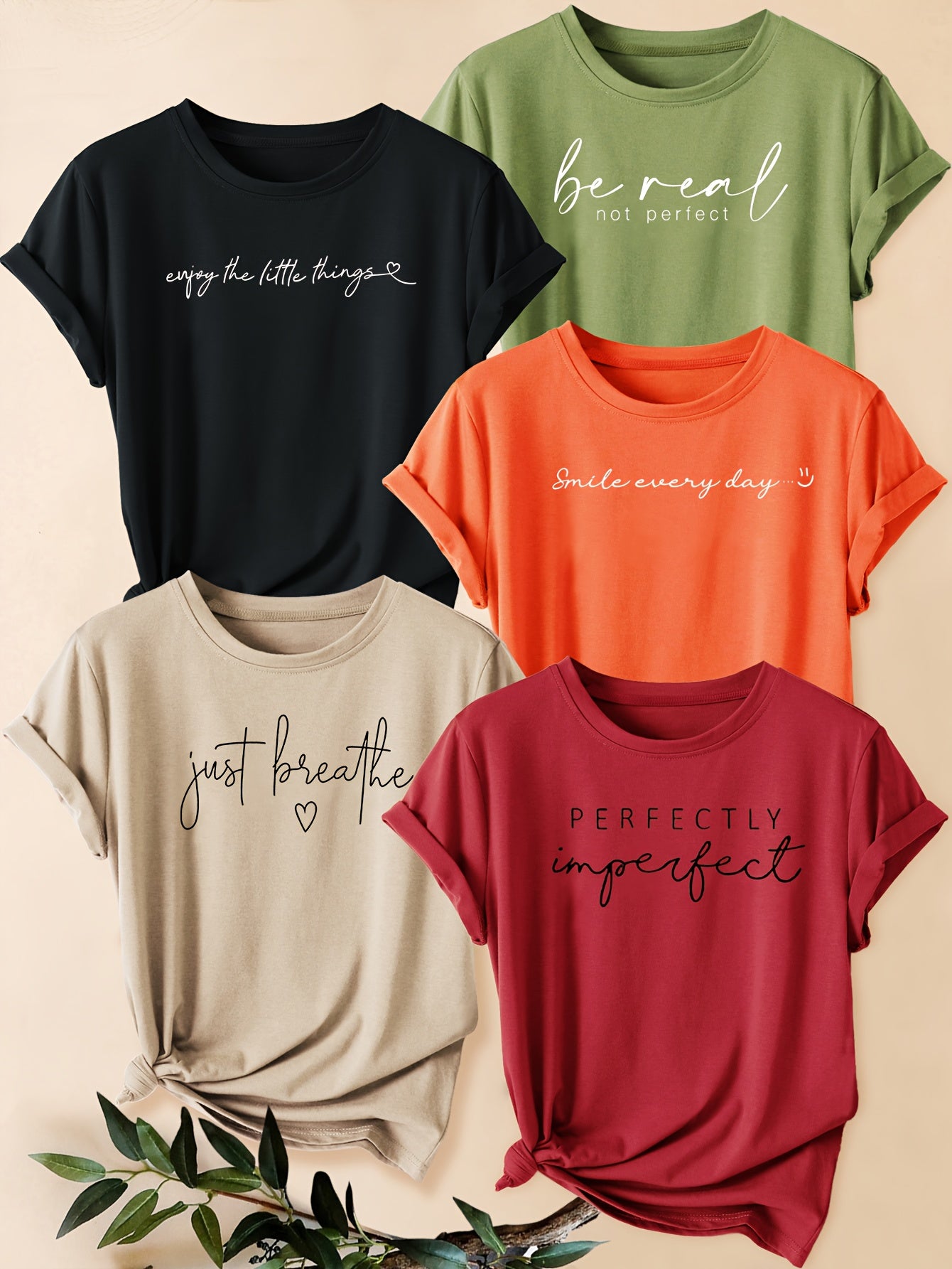Women's Casual Sporty Round Neck Short Sleeve T-Shirts, Five-Pack, Vintage Style, Black and White Letter Print, Fashion