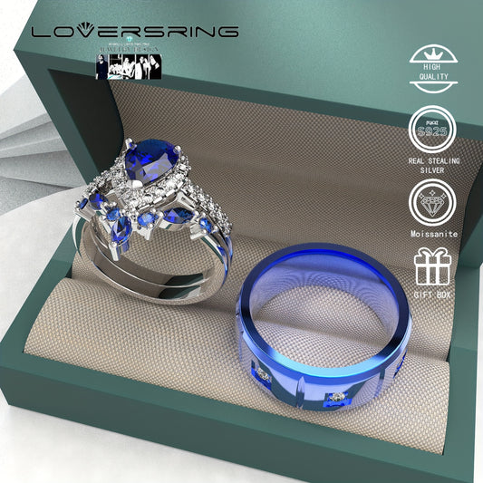Bridal Sets Wedding Ring Sets His And Hers Promise Ring Couples Bridal Sets Women S925 Sterling Silvery Blue Moissanite Man Titanium Wedding Bands With Couple Ring Box
