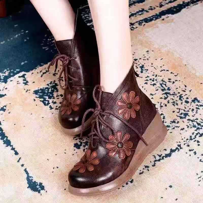 Women'S Genuine Leather Platform Ankle Boots with Floral Embellishment - Chunky Heel, Round Toe & Zipper Closure, Warm & Cushioned Insole, Casual to Semi-Formal Cowhide Boots for Everyday Comfort (Brown/Red) - Hand Washable R