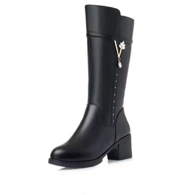 Women'S Winter Warm Mid-Calf Boots with Plush & Floral Pendant - Chunky Heel Round Toe PU Cover Upper, Zipper Closure, Cushioned EVA Insole & Non-Slip Rubber Sole - Elegant Cold-Weather Boots for Casual & Formal Outfits () -