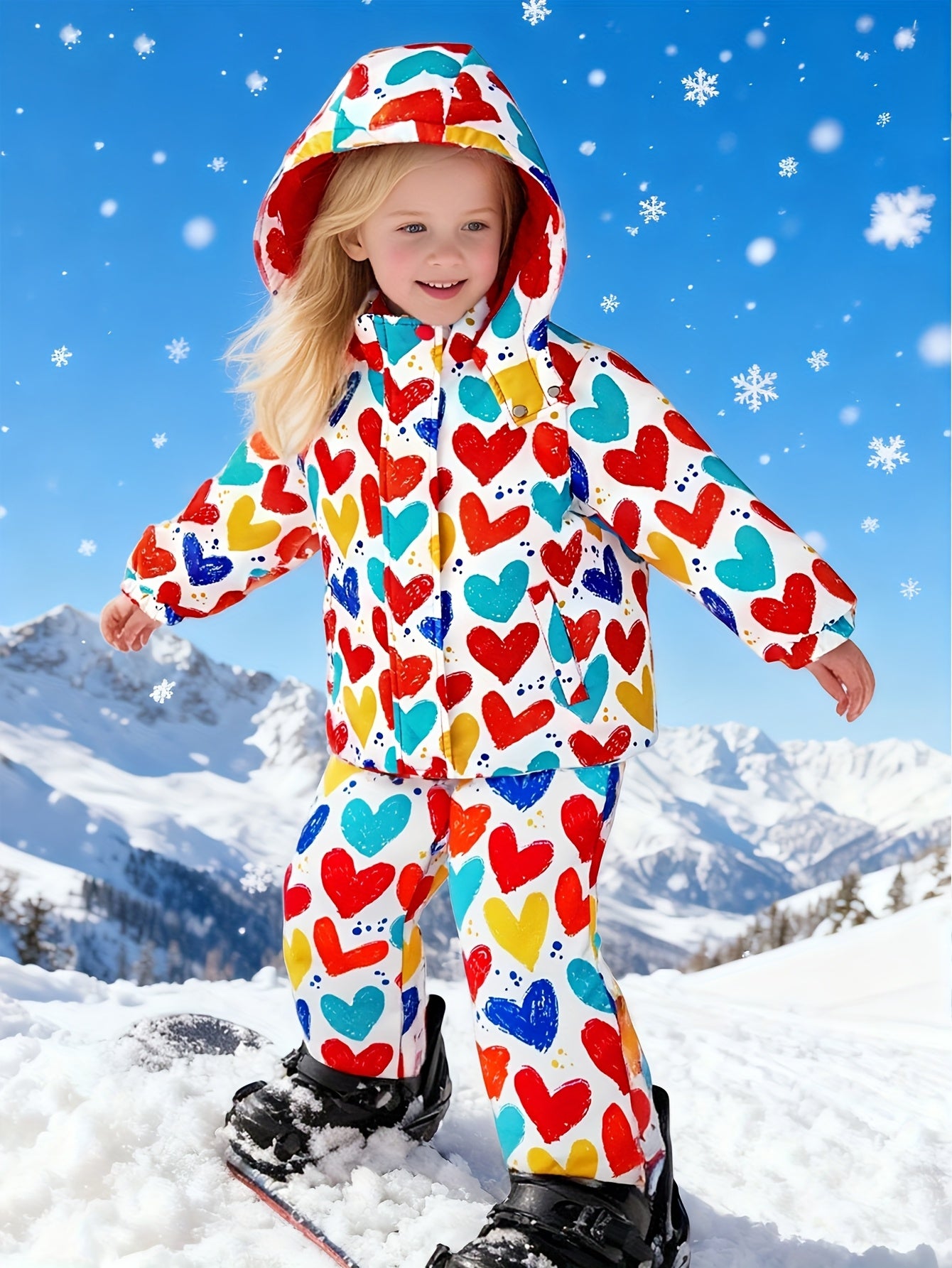 Girls' Cute Ski Suit Set - Winter Snow Jacket & Pants with Heart Print, Red Contrast Color Block, Hooded Jacket & Zipper Closure, Machine Washable Warm Outfit for Baby Girls & (Pink/White/) - Skiing & Snow