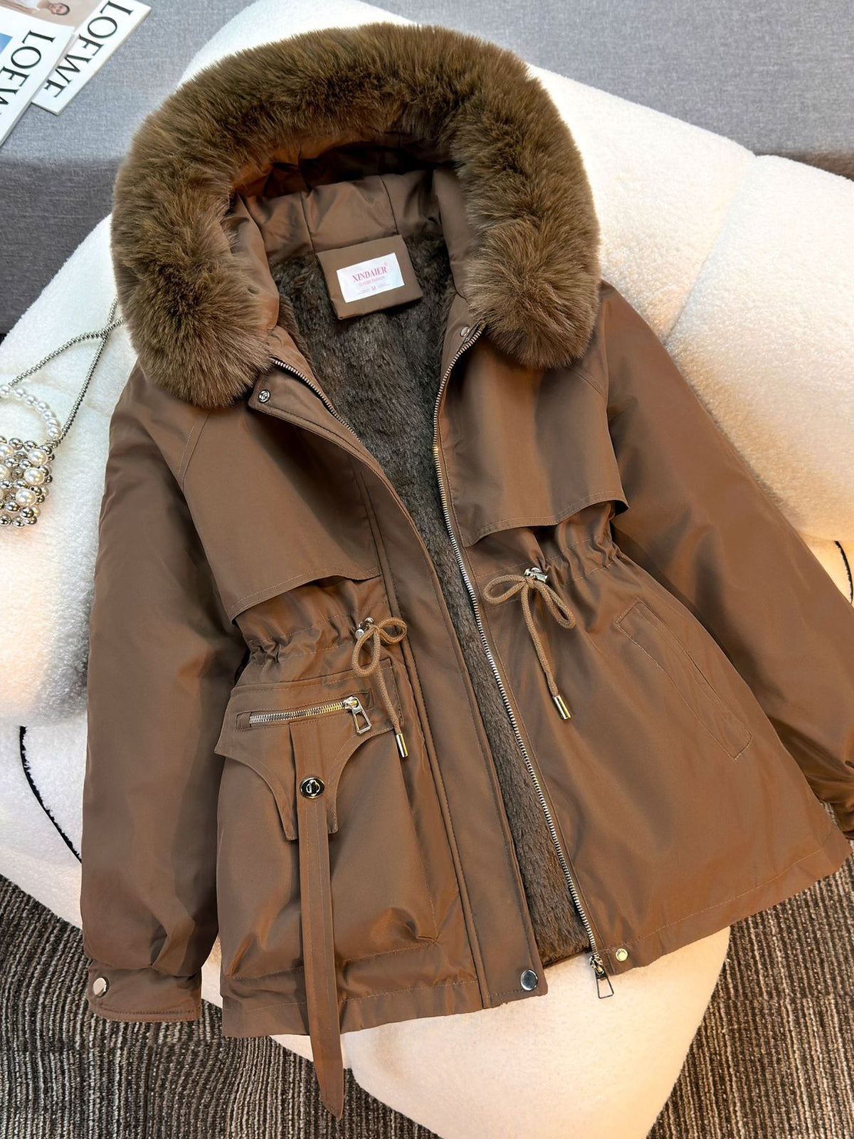 Women's Cold-Weather Fleece-Lined Fur Collar Parka Coat - One-Piece Winter Jacket with Pockets, Solid Color Casual Outerwear (No /Hoop Ears/Short Sleeves) for Extreme