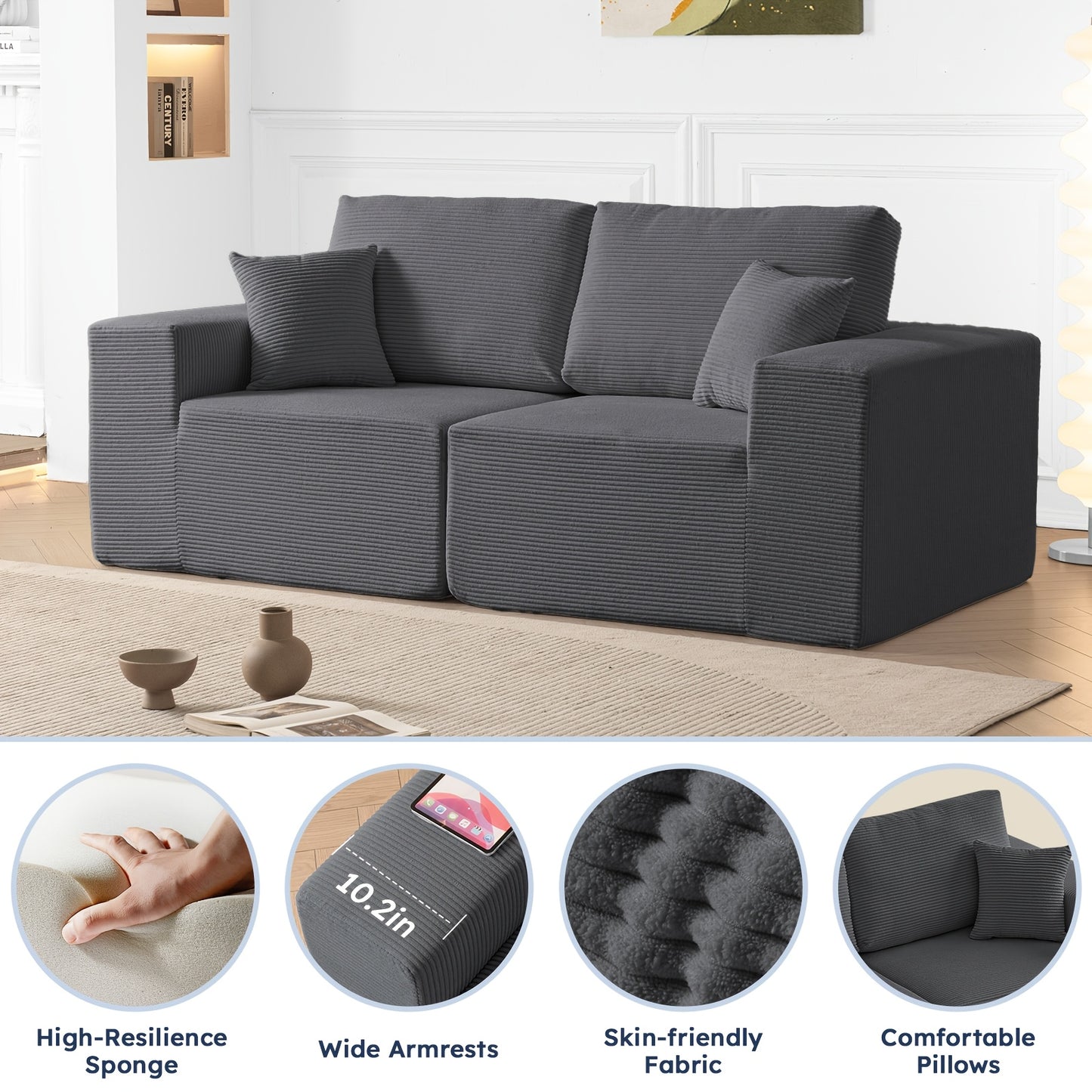 108.1 Inch L-Shaped Cloud Couch Modular Sofa - 2pcs Plush Floor Sofa for Living Room, Bedroom & Game Room | Separatable for Flexible Seating | No Assembly Required | Charcoal Grey, Light Grey, Orange, White, Black