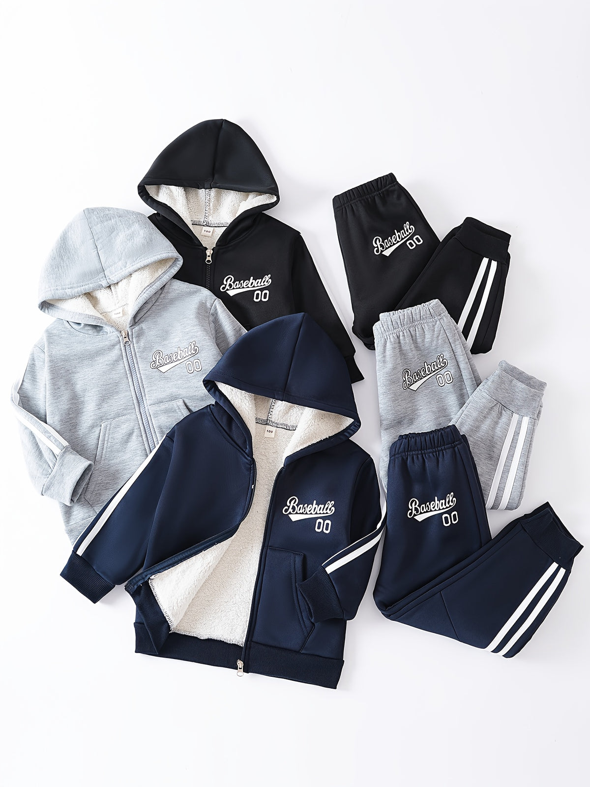 6pcs Boys' 3pcs Thermal Full-Zip Jacket & Jogger Set - Soft Knit Sweatsuit with Full-Zip Front, Elastic Cuffs & Striped Pants - Cozy Winter Outfits for Outdoor Play, School, Sports (Grey/Black/Navy) - Easy-Care Hand Washable