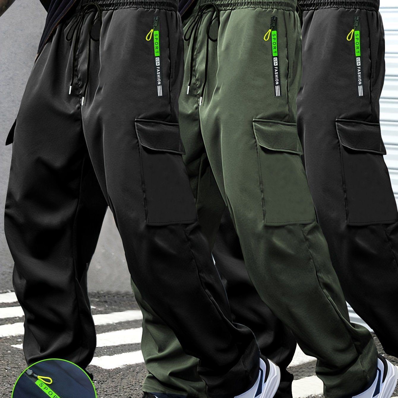 3-Pack of Men'S Thin Work Pants with Drawstring Elastic Waistband, Zipper Pockets, Large Patch Pockets, Comfortable And Breathable, Suitable for Outdoor Daily Leisure