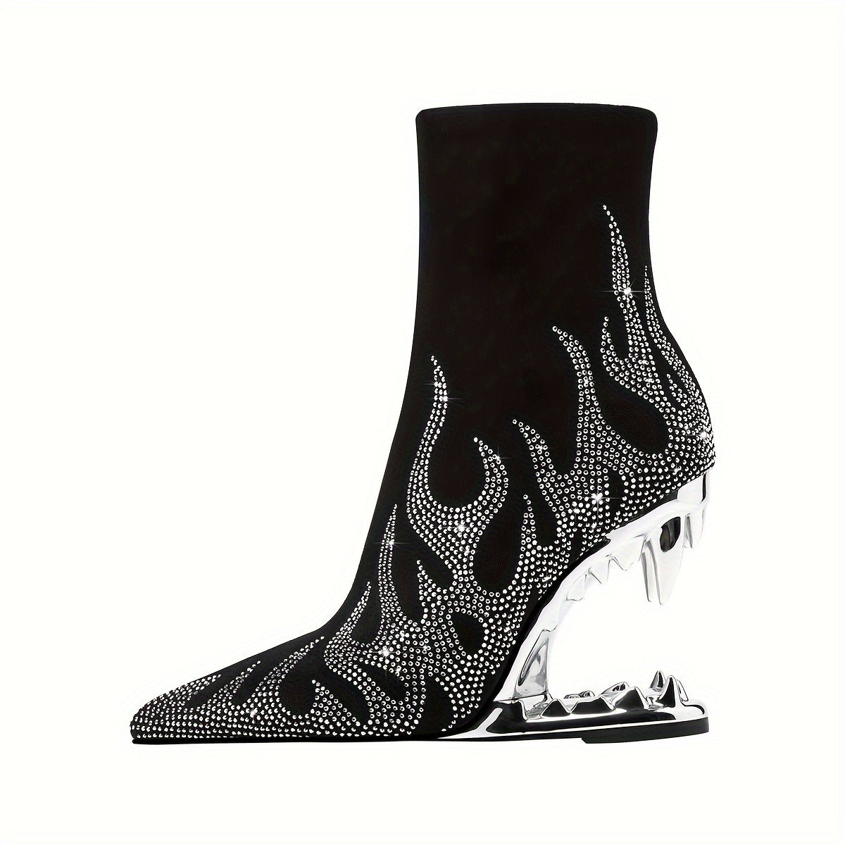 Women's Rhinestone Novelty Teeth Sculptural Heeled, Glitter Flame Short Slim Boots, Dance Party Boots