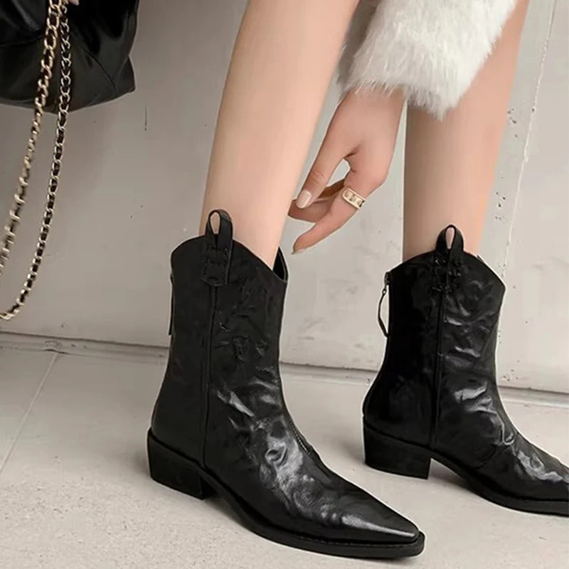 Women'S Vintage Western Boots - Slip-On Chunky mid-heel, Genuine Leather Upper & Non-Slip Rubber Sole, Easy Zipper Closure, Elegant Brown/Black Booties for Fall/Winter, Everyday & Formal Outfits, Winter Footwear, Pointed Toe