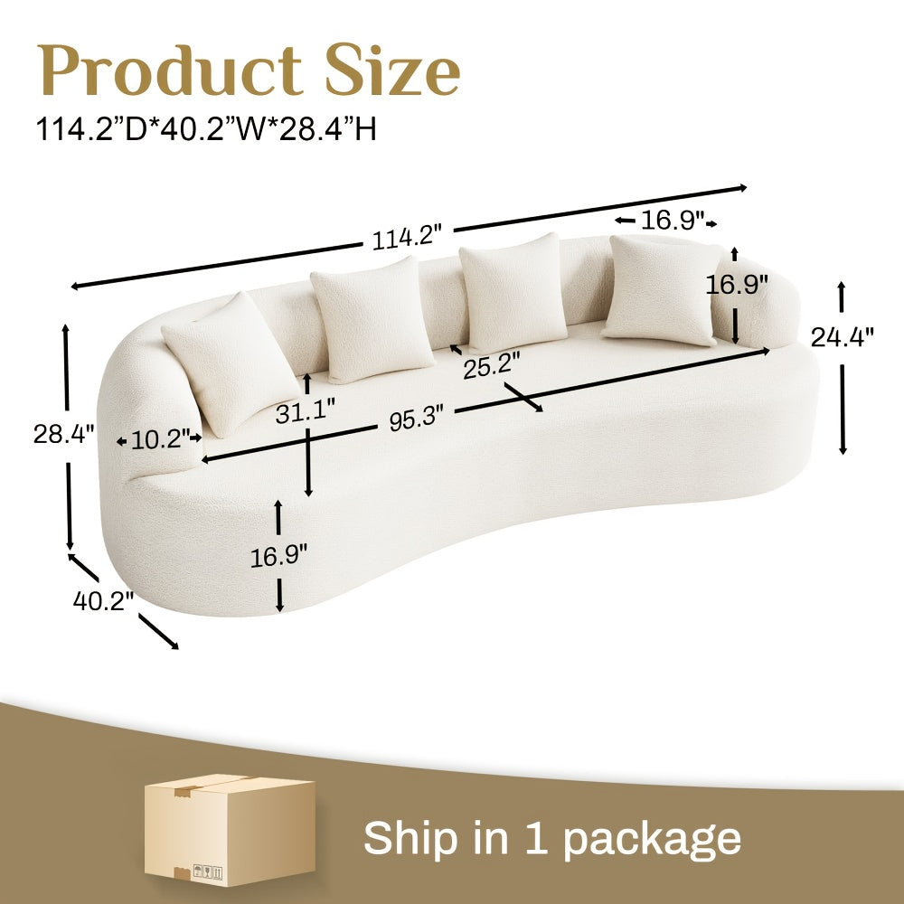 114" Oversized Sectional Sofa - Modern Luxury Plush Chenille Curved Cloud Couch with White Upholstery, 4-Seater Deep Seat & Curved Backrest, No Assembly Required, Plush Cushions & Throw Pillows Included, Contemporary Living R