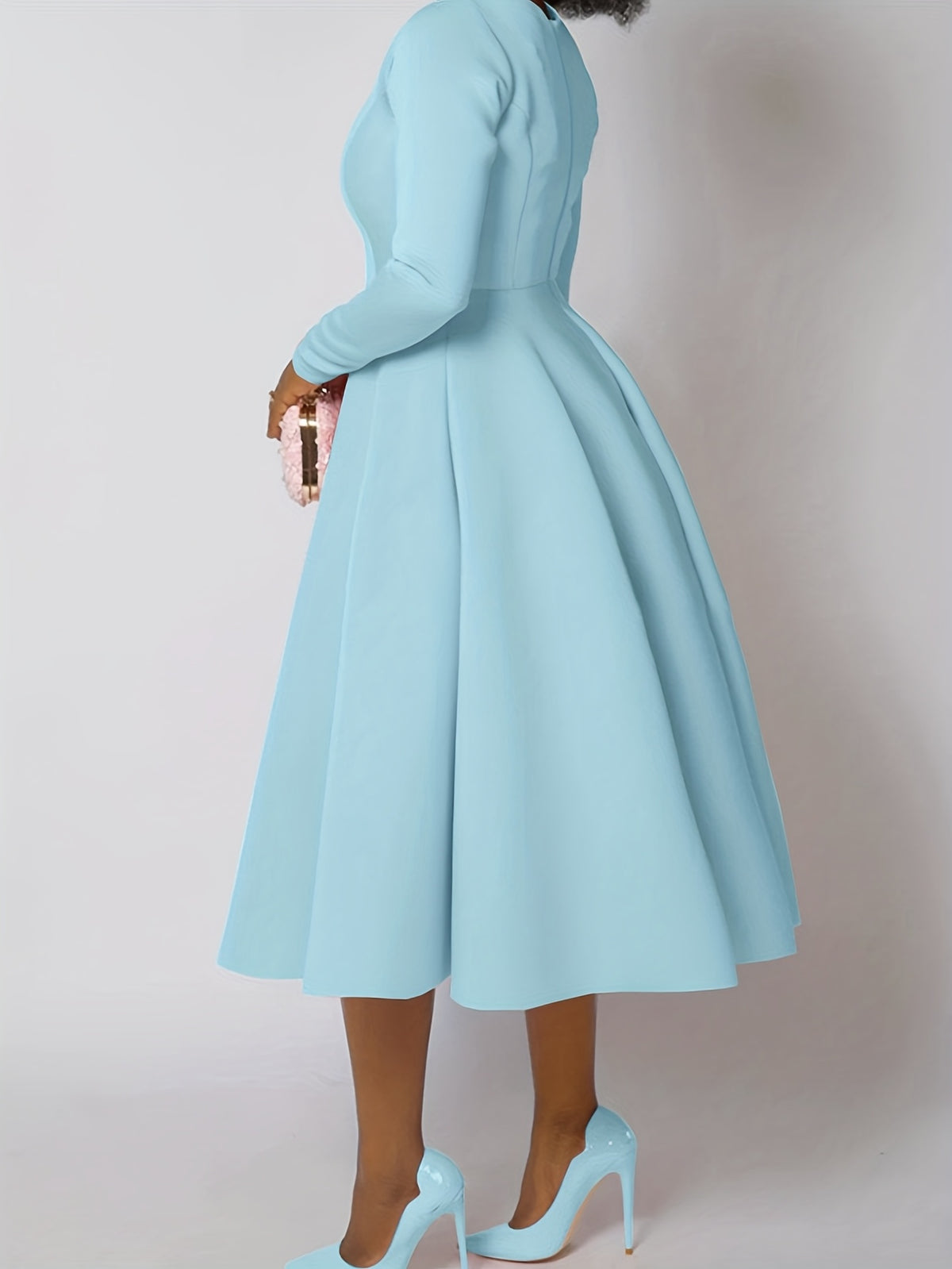 Plus Size - Plus Size, Women'S Elegant Long Sleeve A-Line Maxi Dress - Solid Emerald Green Round Neck Puff Sleeve Formal & Semi-Formal Winter Dress with Structured Waist, Floor-Length Flowing Skirt for Autumn/Winter, Casual t