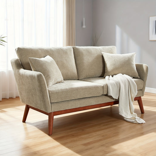 Bonnlo 2-Seater Love Seat Sofa with Solid Wood Frame & Linen Upholstery - Mid-Century Modern Minimalist Design, 2 Cushioned Seats & 2 Pillows