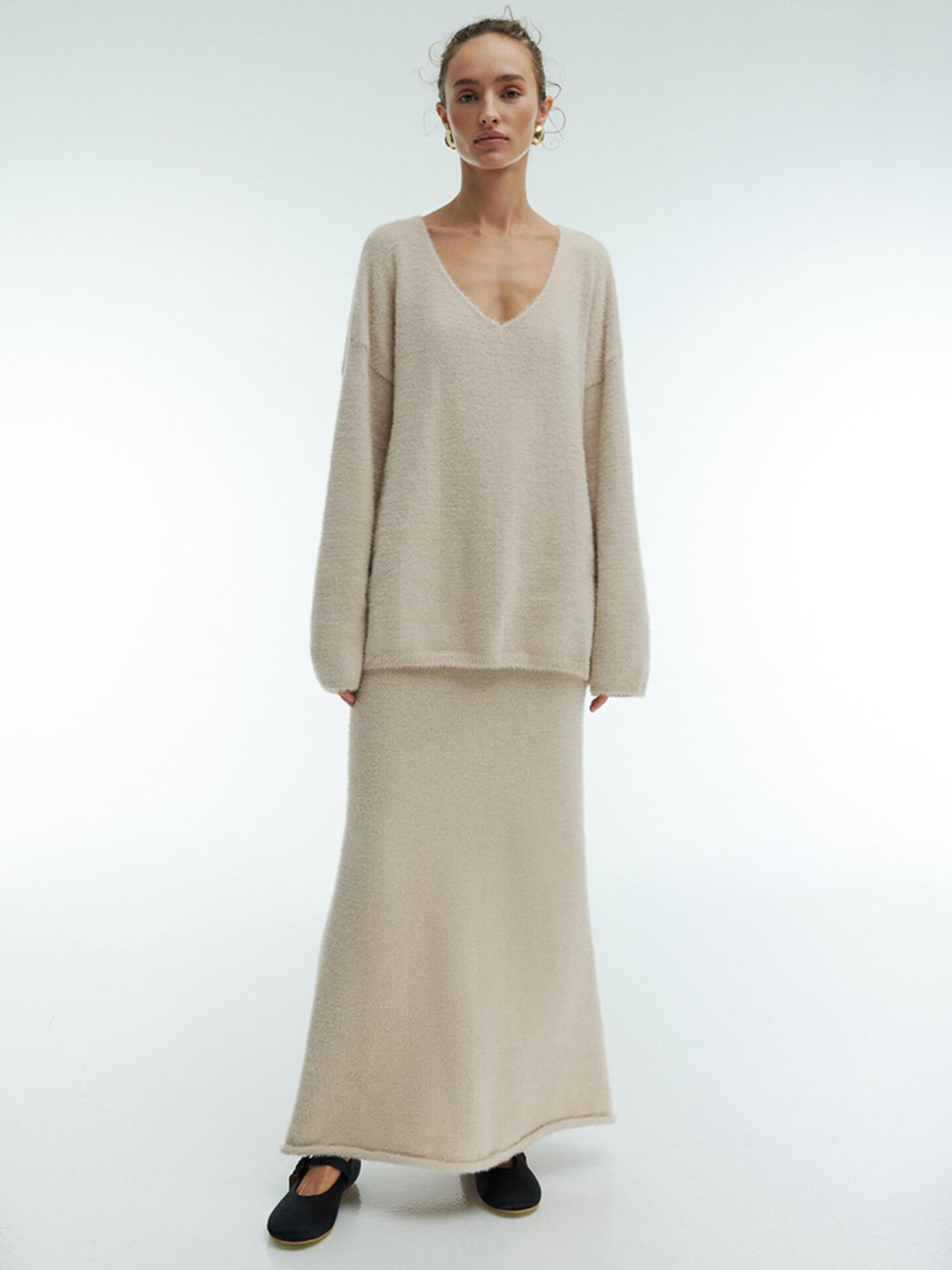 Imitation Mink Sweater Set- Women's V-Neck Knit& Skirt Autumn Winter