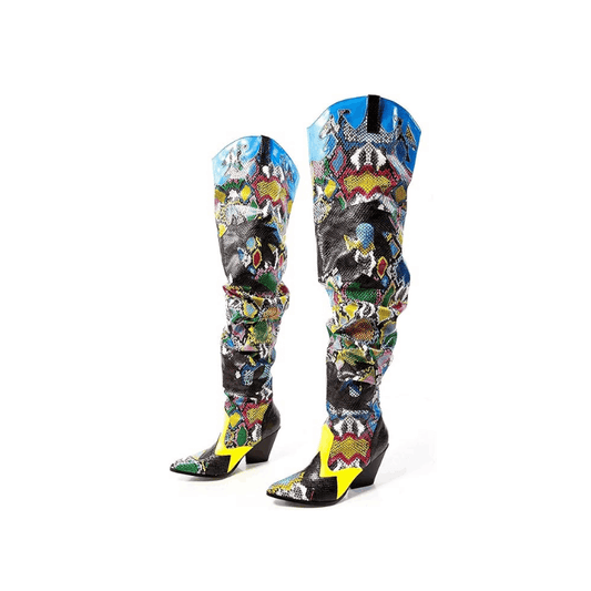 HILDA Colorful Snakeskin Over-the-Knee Boots – Chunky Low Heel Western Style