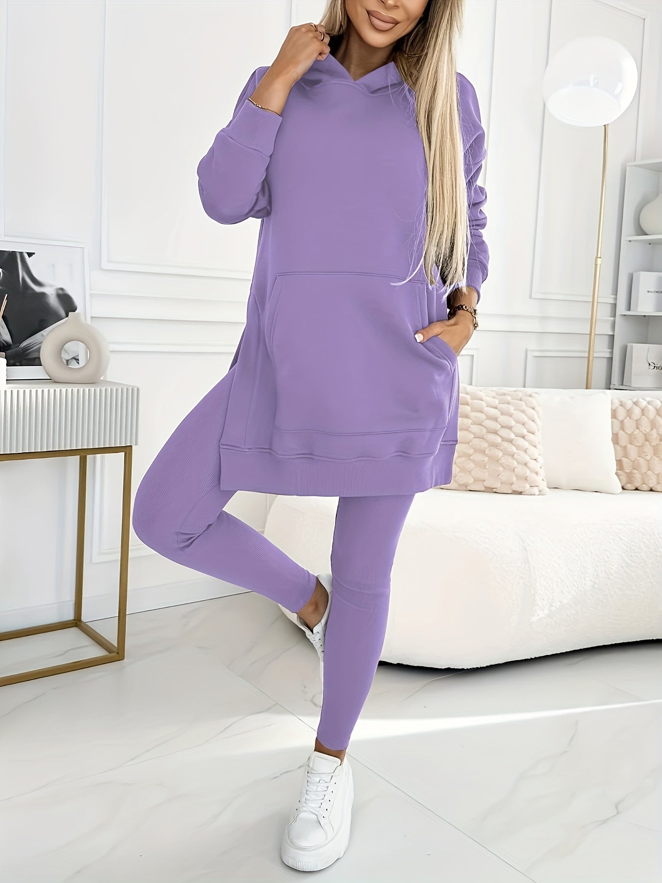 Directional Casual Suit, Women'S Solid Color Hooded Sweatshirt + Solid Color Leggings Two-Piece Set, Machine Washable And Dry Cleanable, Suitable for Daily Commuting