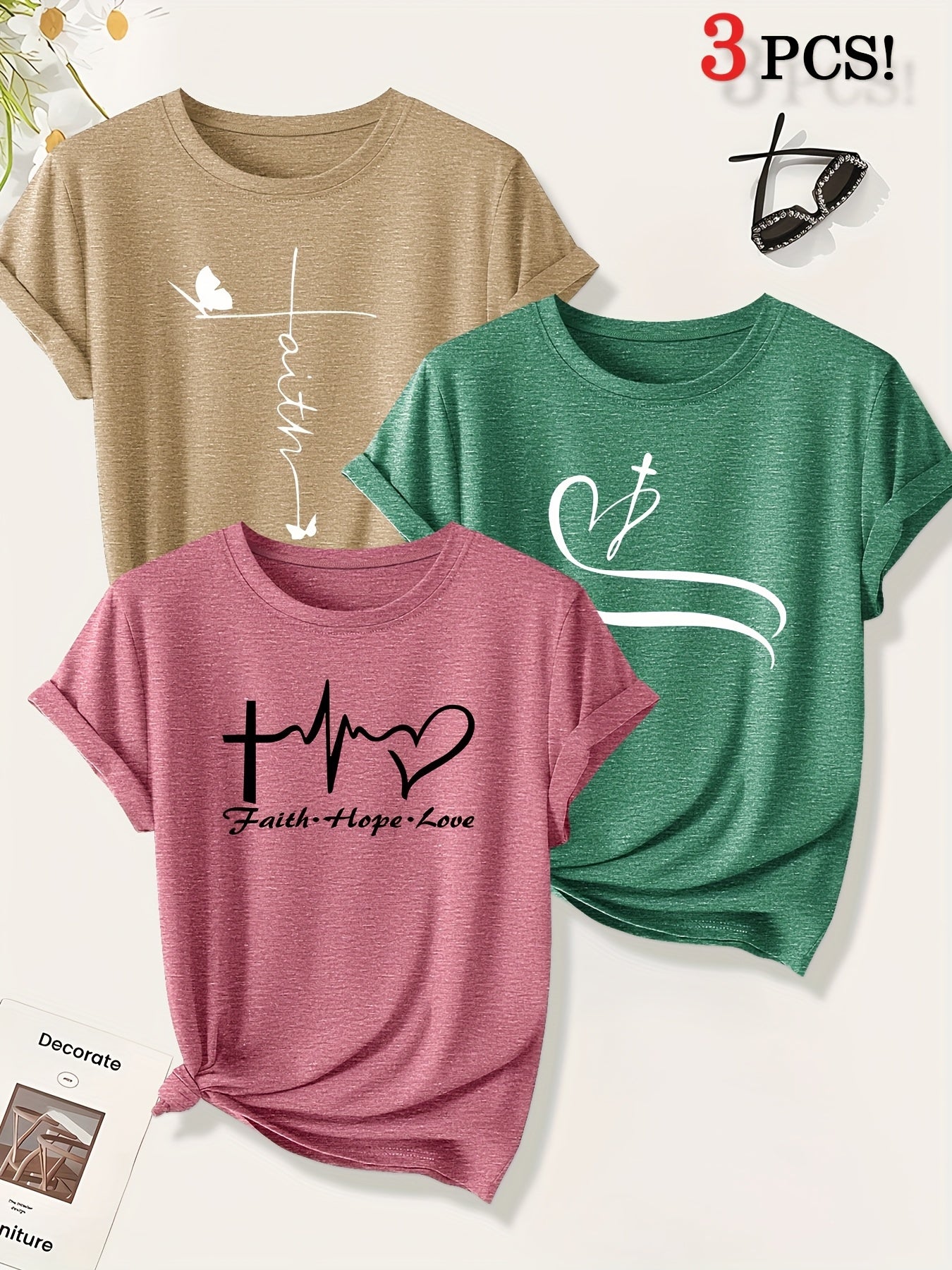 [Christian Cross T-Shirts] A Set of Three Women's Christian Cross Pattern Short-Sleeve T-Shirts Featuring Crosses, Hearts, And Butterfly Prints, Perfect for Casual Summer Wear. Stylish, Elegant, And Versatile, Available in Mu