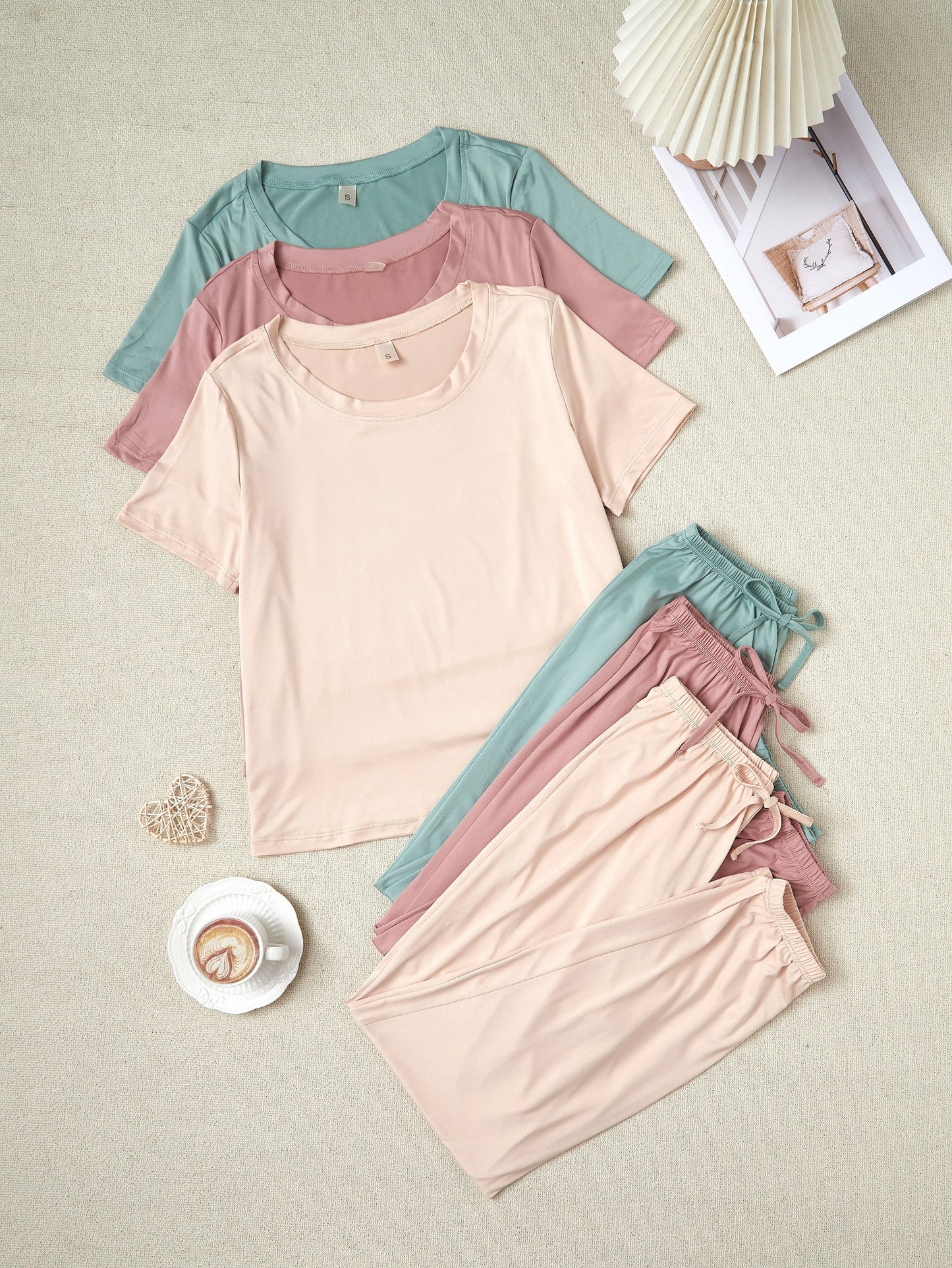 6pcs Women's New Style Pajamas Set • 3 Short Sleeved Tops • 3 Trousers • Casual Solid Color Set • 3 Pajamas
