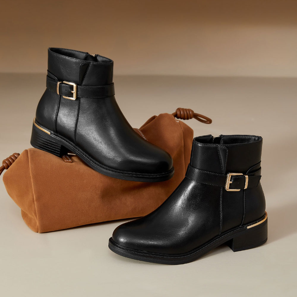 [Vintage French-Style] Vintage French-Style Women's Ankle Boots | Belt Buckle, Round Toe, Mid Heel, Maillard, Side Zipper, Chunky Heel, British Style