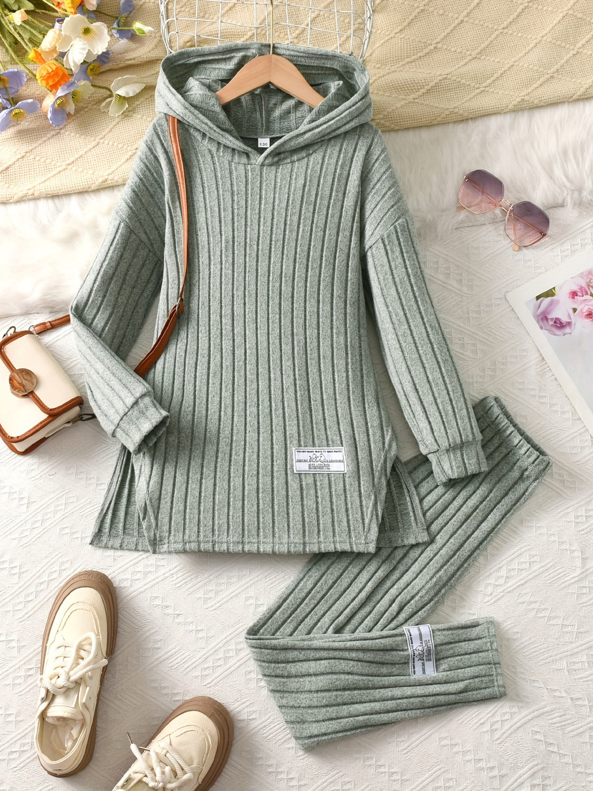 Girls' 2pcs Set, Long Brushed Solid Color Patch Hoodie Pullover and Elastic Waist Leggings, Girls' Autumn Winter Casual Set, Perfect for Outdoor