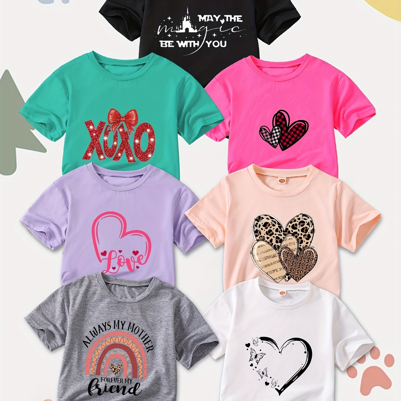 [7pcs Fashion T-shirts] 7pcs Summer Fashion Girls' T-shirts, Comfortable and Skin-friendly, Affordable Short-sleeved Tops with Round Neck