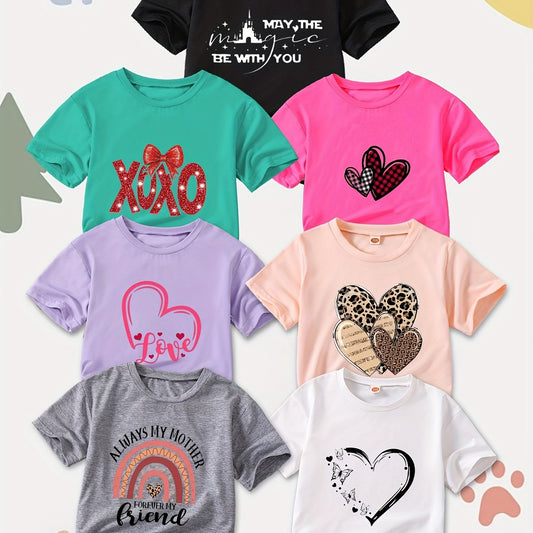 [7pcs Fashion T-shirts] 7pcs Summer Fashion Girls' T-shirts, Comfortable and Skin-friendly, Affordable Short-sleeved Tops with Round Neck