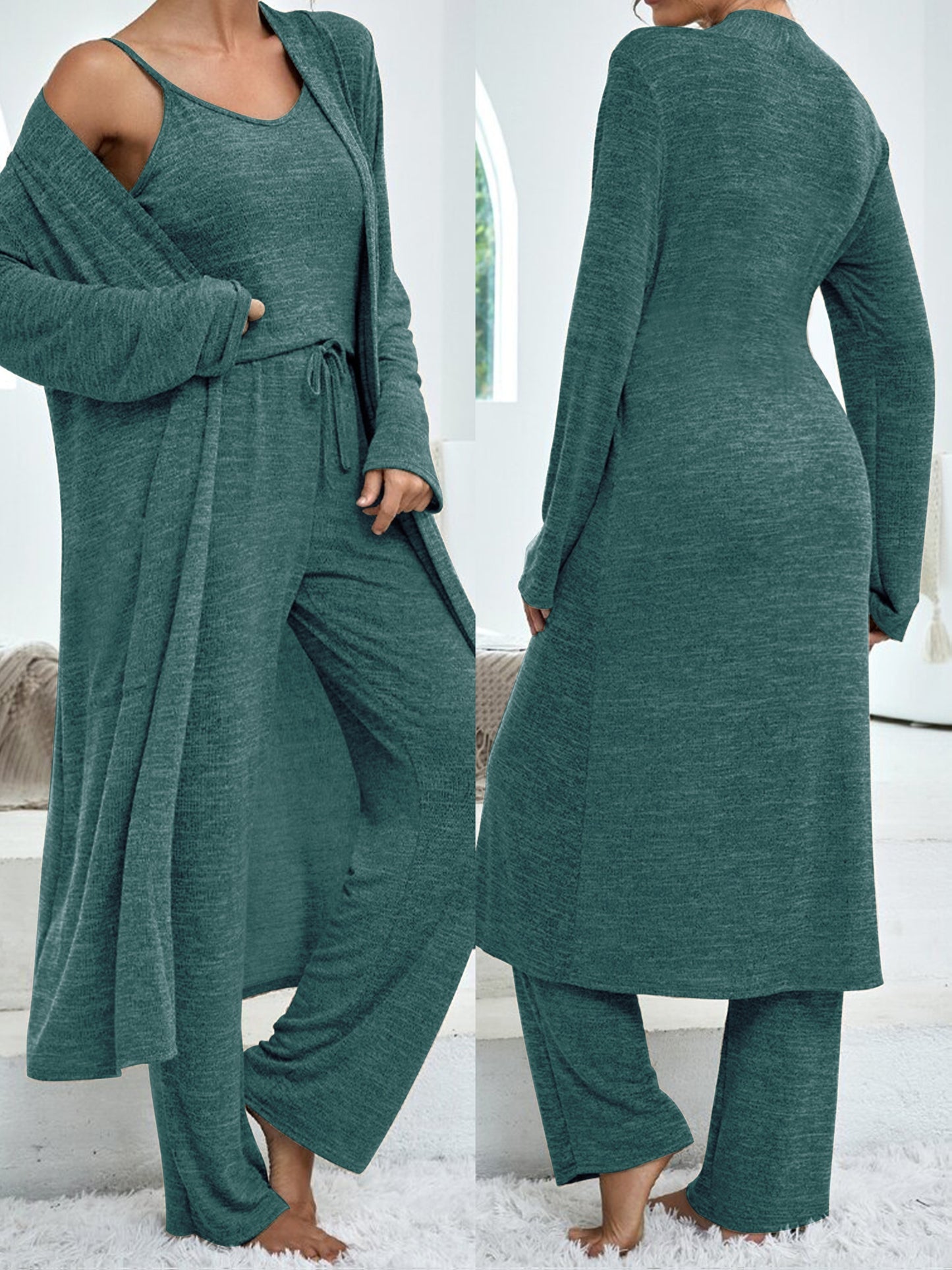 Women's Casual Home Suit • Solid Color Mid-Length Cardigan • Solid Color Camisole • Imitation Lace-Up Trousers • Three-Piece Suit for Women