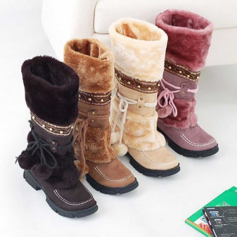 Women'S Winter Warm Fuzzy Ball Lace-Up Snow Boots with Plush faux fur Collar & Non-Slip Rubber Sole - Mid-Calf Round Toe PVC Upper Boots for Cold Weather, Cozy Casual & Semi-Formal Outfits () - Durable & Easy-Clean Design