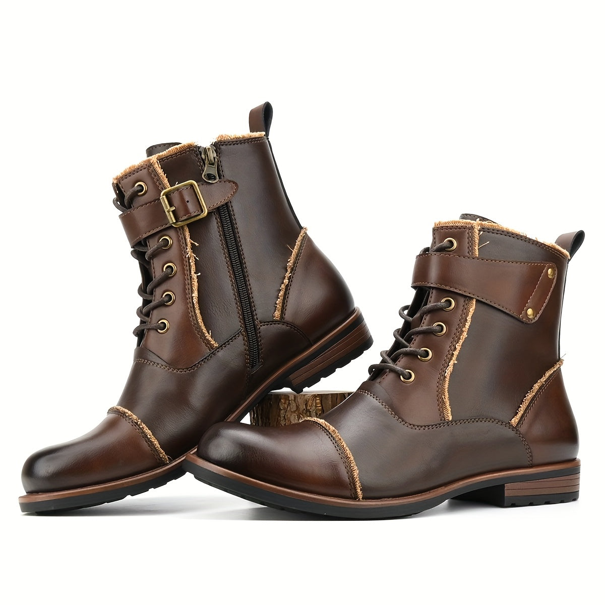 Men's Retro Motorcycle Boots, British Style High-Top Round Toe Work Boots with Side Zipper, Brown & TPR Sole, Adjustable Buckle Straps, All-Season Casual & Outdoor Wear, Hiking Boots | Buckle Strap Boots | Boots